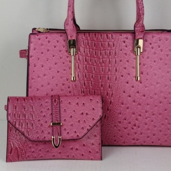 Hot Pink Faux Ostrich Brahmin-Like Hand-Bag Crossbody W/Matching Wristlet NWOT - Picture 1 of 16